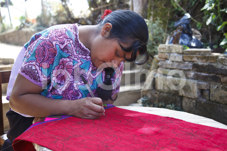 Besticken von Webwaren (Mexiko, Mujeres de Maiz) - lobOlmo Fair-Trade-Fotoarchiv
